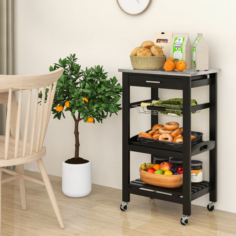 Modern Kitchen Rolling Island Cart with Stainless Steel Tabletop and Basket