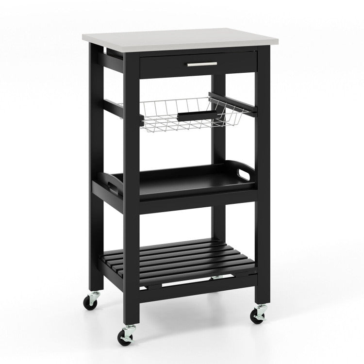 Modern Kitchen Rolling Island Cart with Stainless Steel Tabletop and Basket