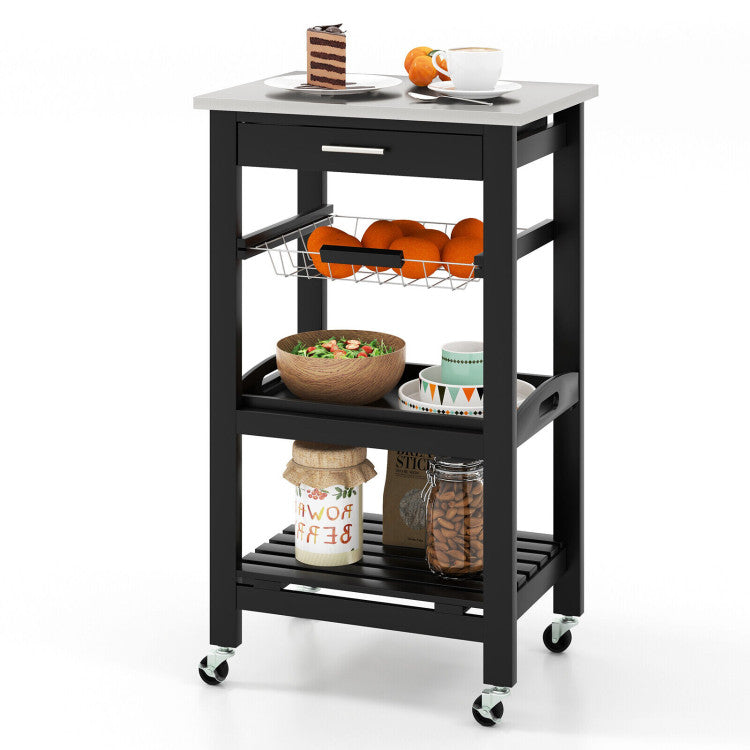 Modern Kitchen Rolling Island Cart with Stainless Steel Tabletop and Basket
