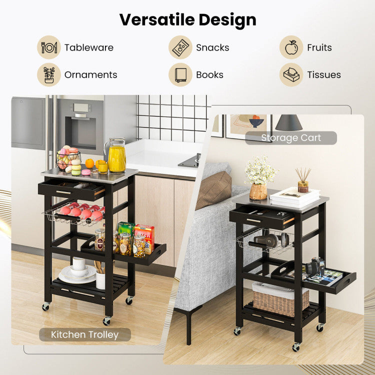 Modern Kitchen Rolling Island Cart with Stainless Steel Tabletop and Basket