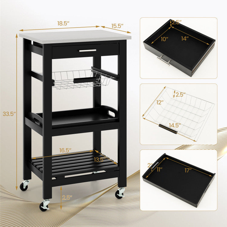 Modern Kitchen Rolling Island Cart with Stainless Steel Tabletop and Basket
