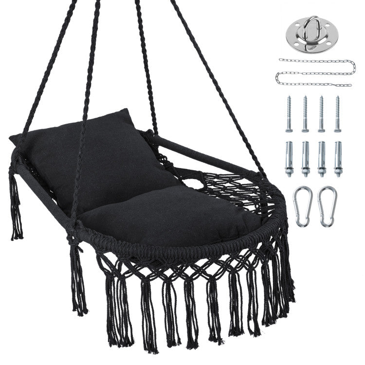 Outdoor Macrame Swing Chair Hammock Chair with 2 Removable Cushions