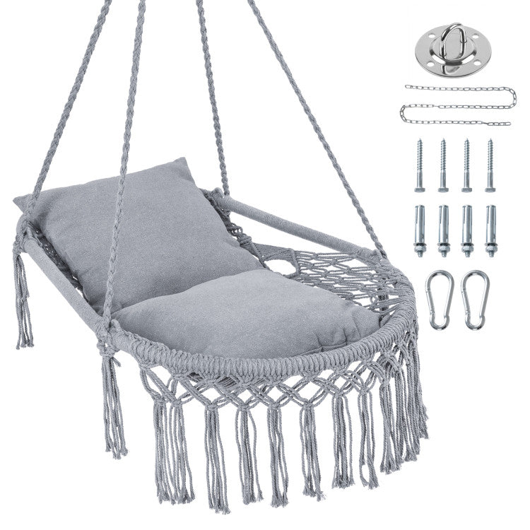 Outdoor Macrame Swing Chair Hammock Chair with 2 Removable Cushions