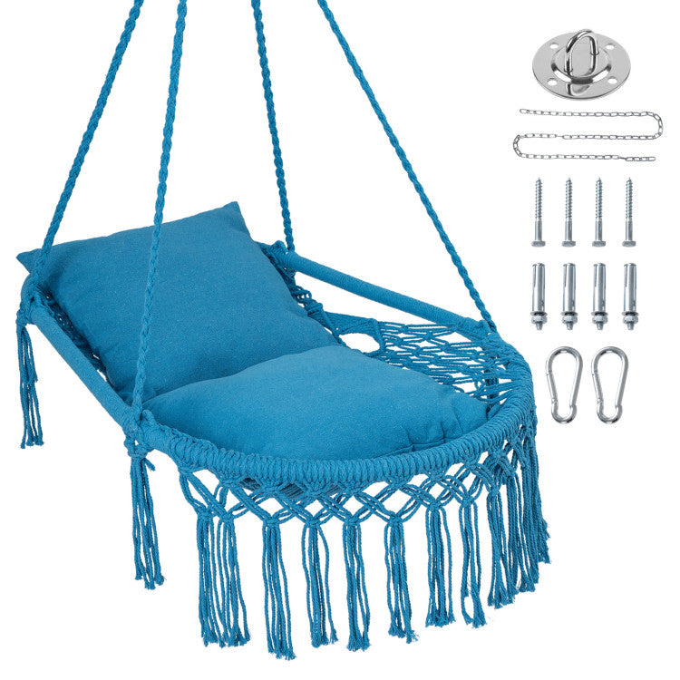 Outdoor Macrame Swing Chair Hammock Chair with 2 Removable Cushions