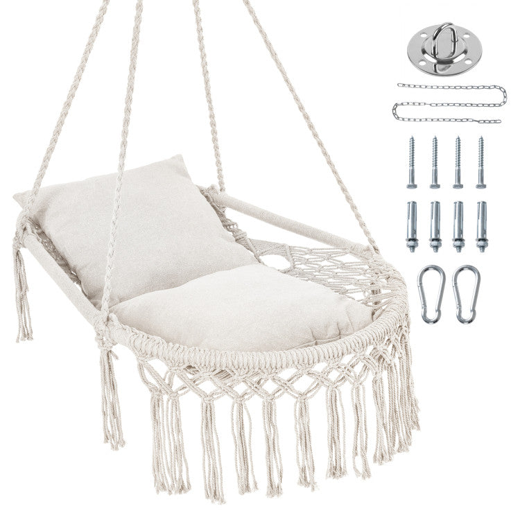 Outdoor Macrame Swing Chair Hammock Chair with 2 Removable Cushions