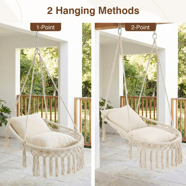 Outdoor Macrame Swing Chair Hammock Chair with 2 Removable Cushions