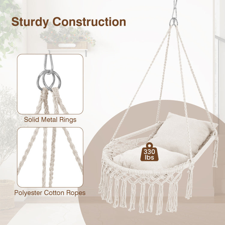 Outdoor Macrame Swing Chair Hammock Chair with 2 Removable Cushions