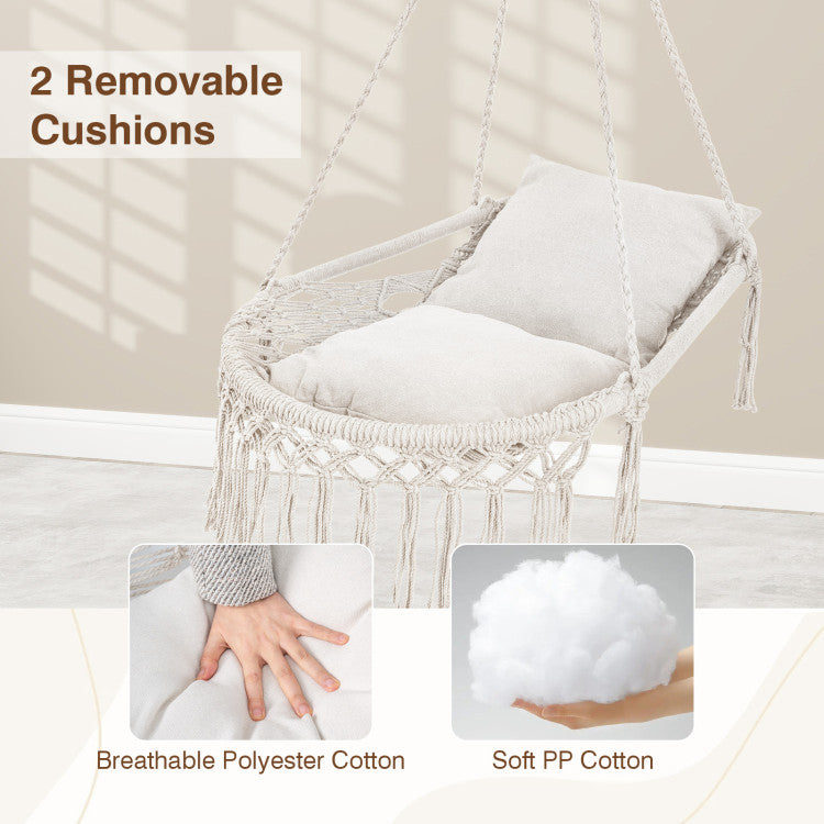 Outdoor Macrame Swing Chair Hammock Chair with 2 Removable Cushions