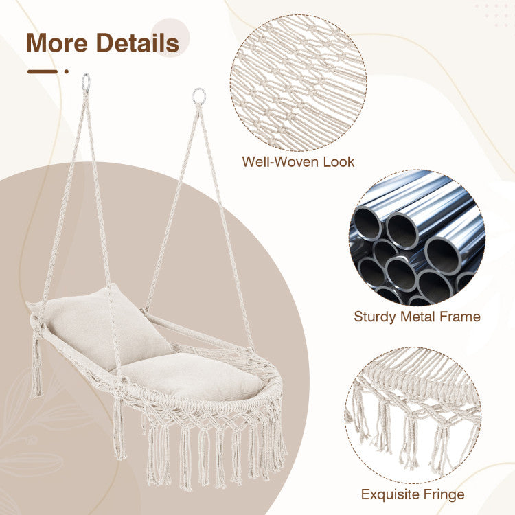 Outdoor Macrame Swing Chair Hammock Chair with 2 Removable Cushions