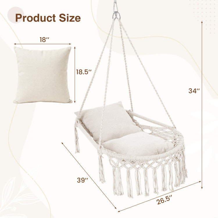 Outdoor Macrame Swing Chair Hammock Chair with 2 Removable Cushions