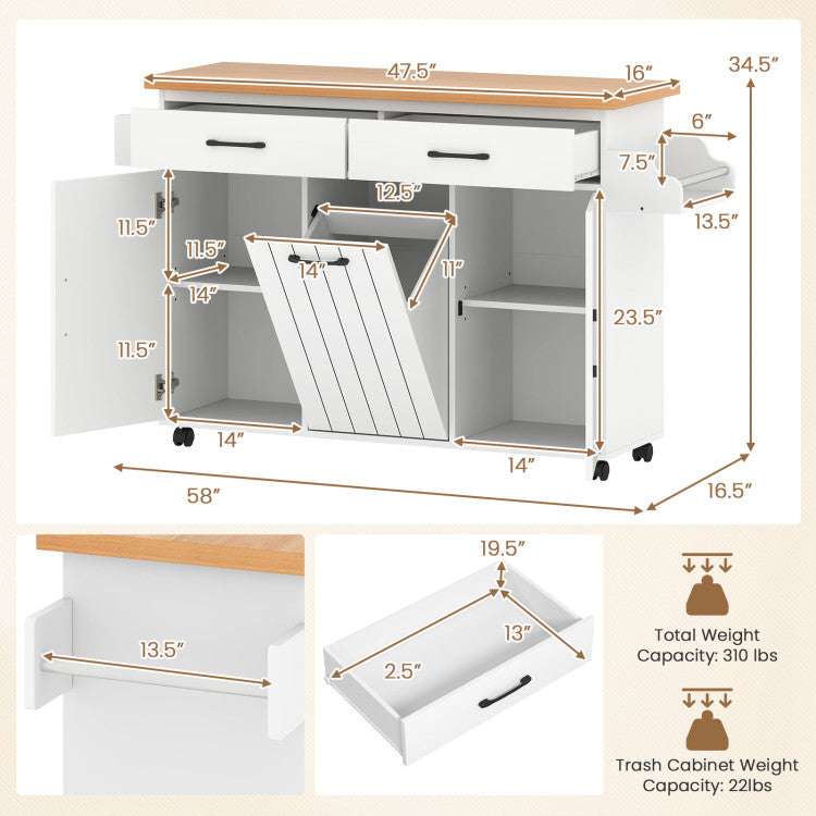 Modern Mobile Kitchen Island Table with Trash Bag Storage for Dining Room