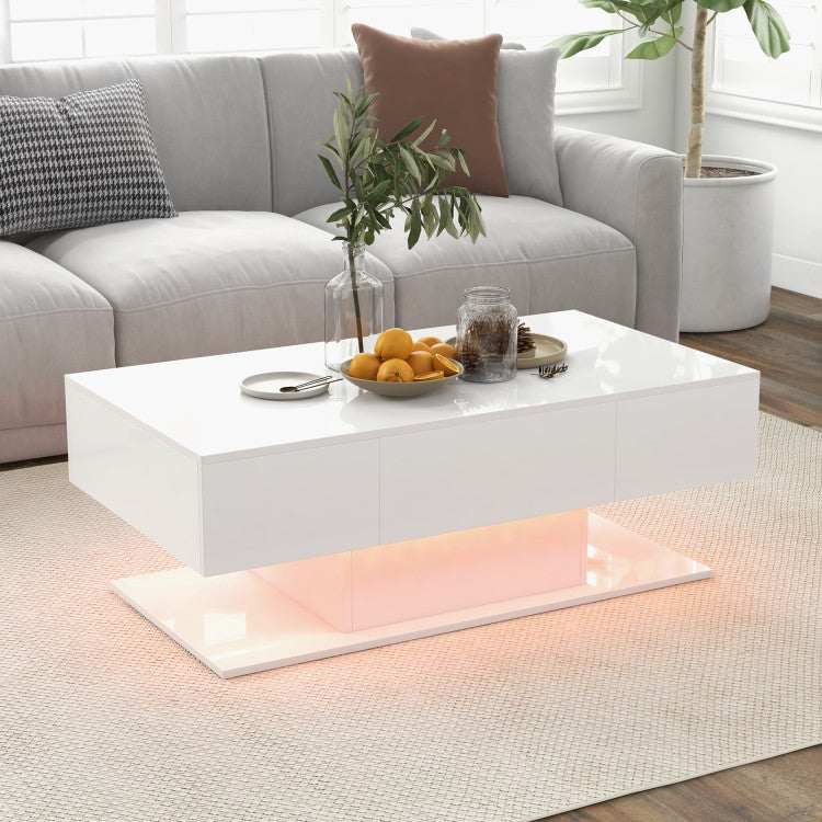 Home Modern LED Coffee Table with 20 Color LED Lights and 2 Storage Drawers