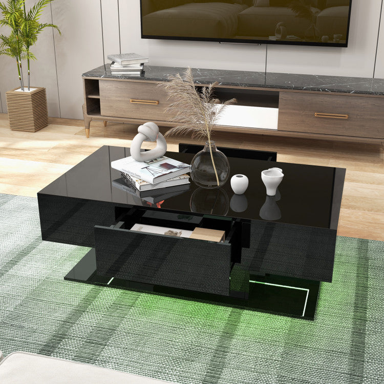 Home Modern LED Coffee Table with 20 Color LED Lights and 2 Storage Drawers