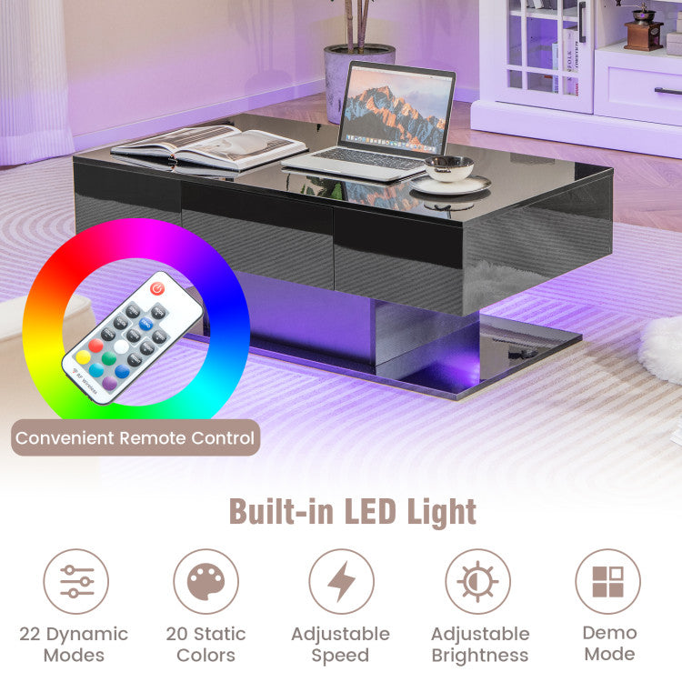 Home Modern LED Coffee Table with 20 Color LED Lights and 2 Storage Drawers