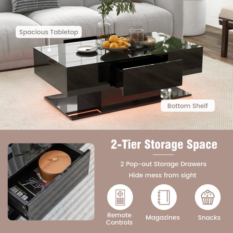 Home Modern LED Coffee Table with 20 Color LED Lights and 2 Storage Drawers