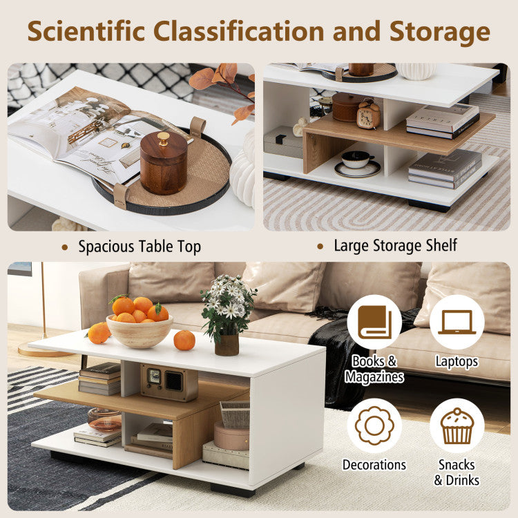 Home Rectangular Coffee Table with L-shaped Middle Shelf