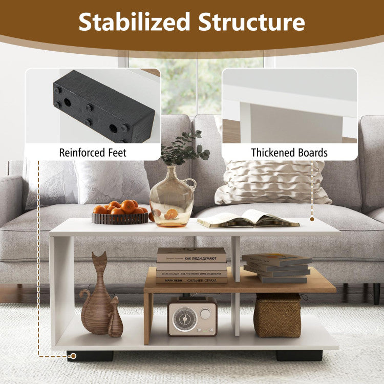 Home Rectangular Coffee Table with L-shaped Middle Shelf