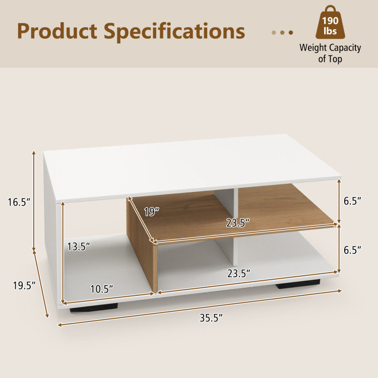 Home Rectangular Coffee Table with L-shaped Middle Shelf
