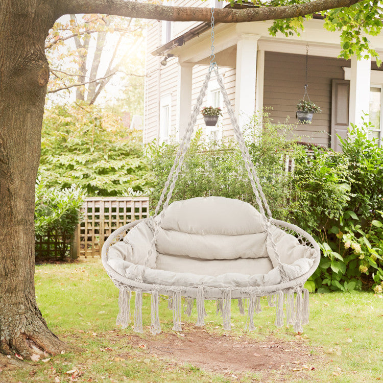 Outdoor Hand-Woven Rope Hanging Chair with Thick Cushion and Folding Metal Frame