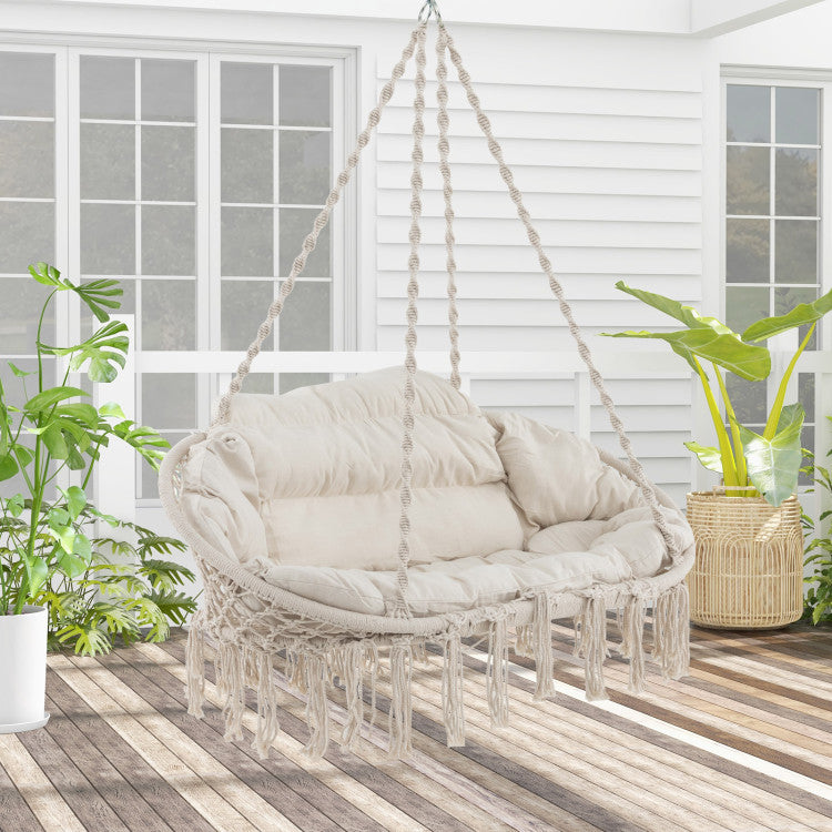 Outdoor Hand-Woven Rope Hanging Chair with Thick Cushion and Folding Metal Frame