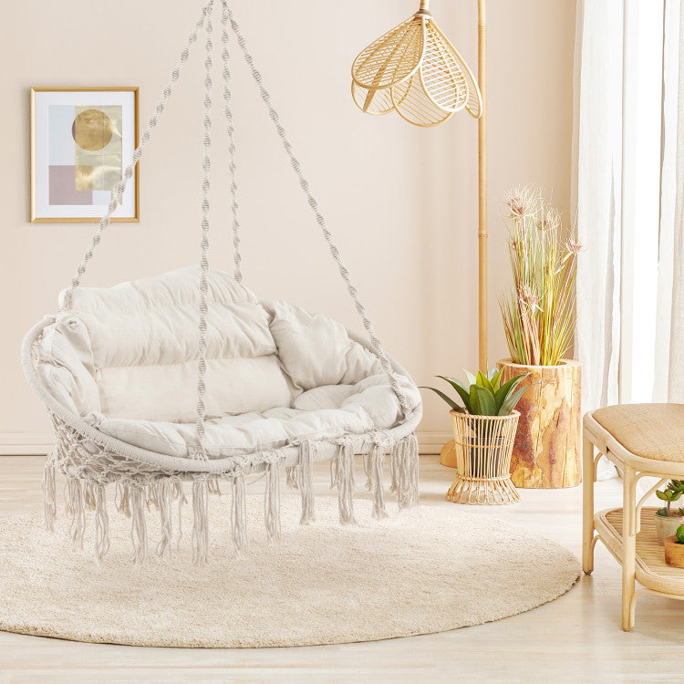 Outdoor Hand-Woven Rope Hanging Chair with Thick Cushion and Folding Metal Frame