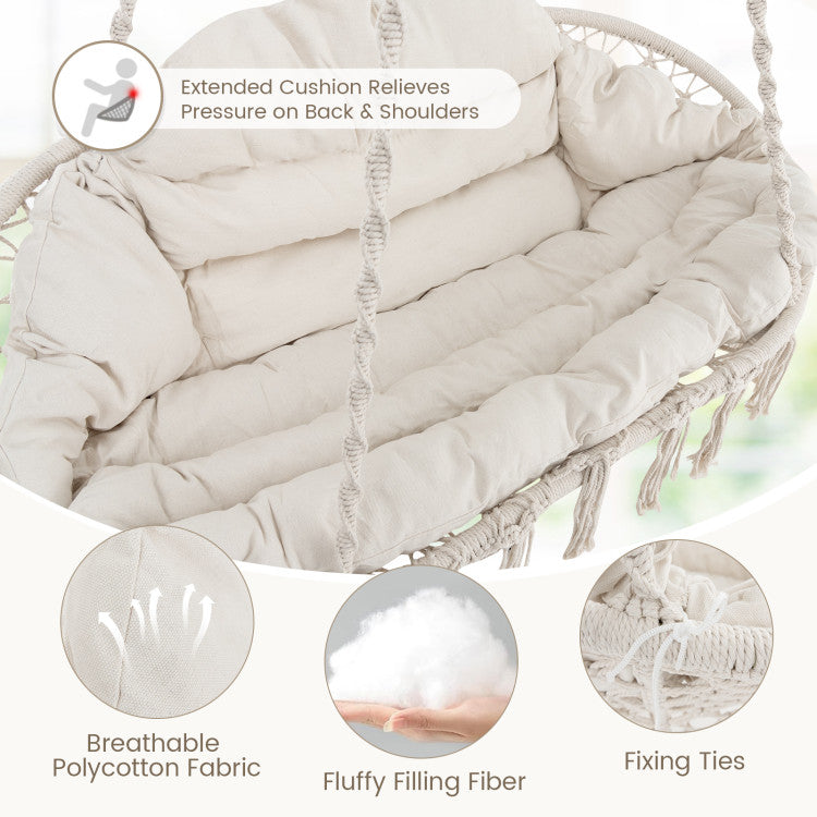 Outdoor Hand-Woven Rope Hanging Chair with Thick Cushion and Folding Metal Frame