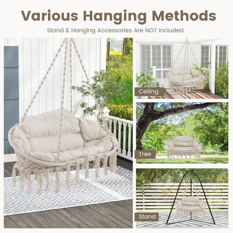 Outdoor Hand-Woven Rope Hanging Chair with Thick Cushion and Folding Metal Frame