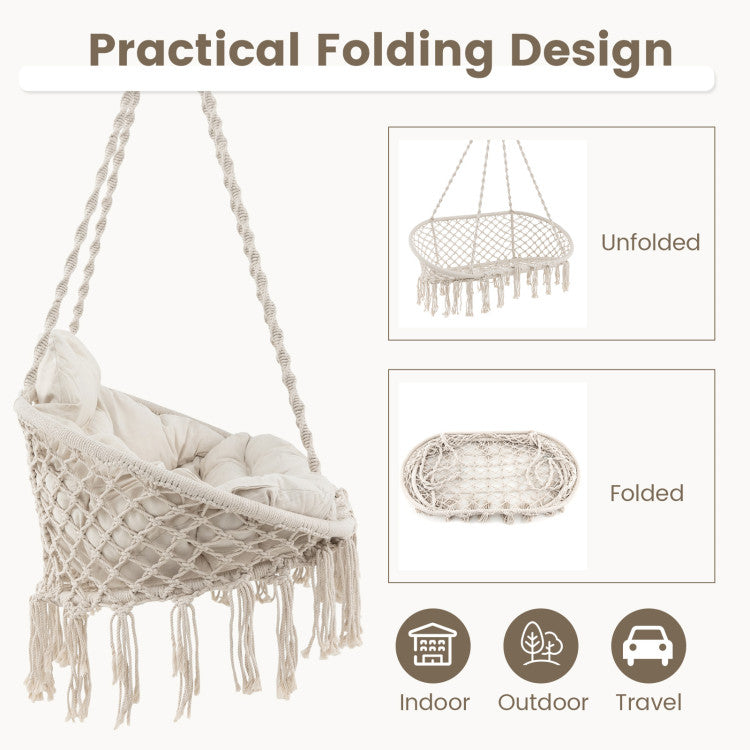 Outdoor Hand-Woven Rope Hanging Chair with Thick Cushion and Folding Metal Frame