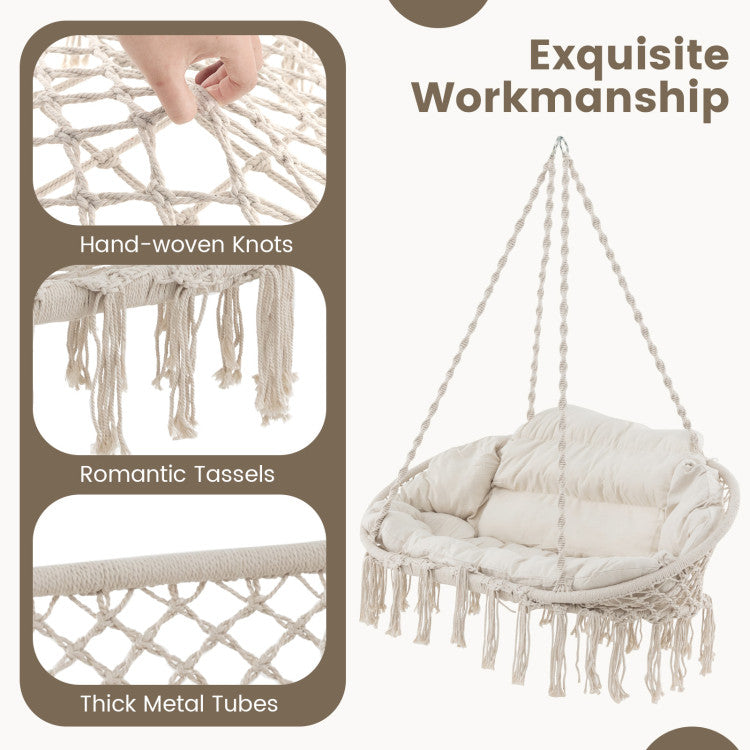 Outdoor Hand-Woven Rope Hanging Chair with Thick Cushion and Folding Metal Frame