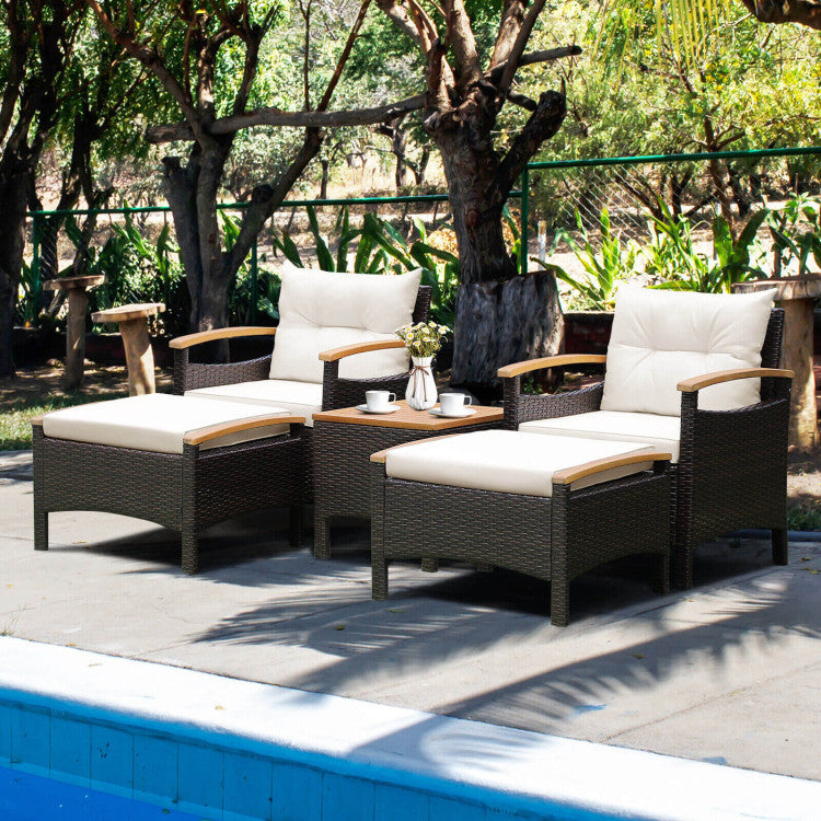 Outdoor 5 Pieces Patio Conversation Set with Cushions Coffee Table and 2 Ottomans