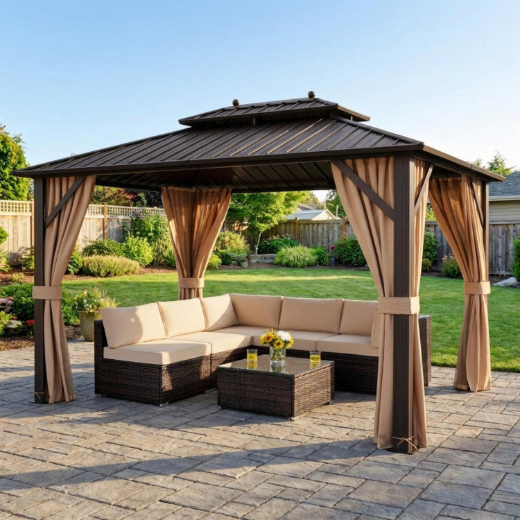 New Outdoor Oasis Ultimate Combo: All-Weather 7 Pcs Rattan Seating Set with 10x13 FT Hardtop Gazebo Shelter