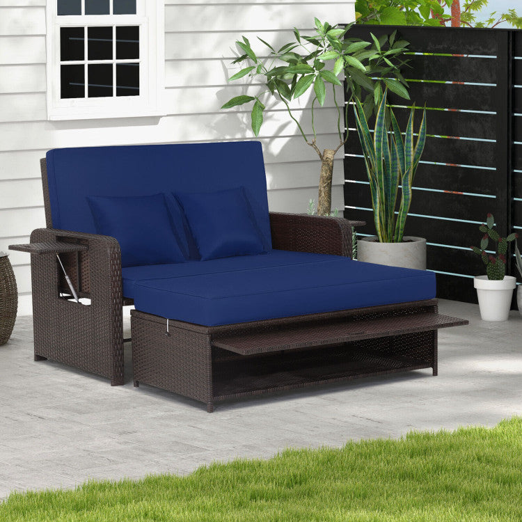 Outdoor Patio Wicker Loveseat Sofa with Multipurpose Ottoman and Retractable Side Tray