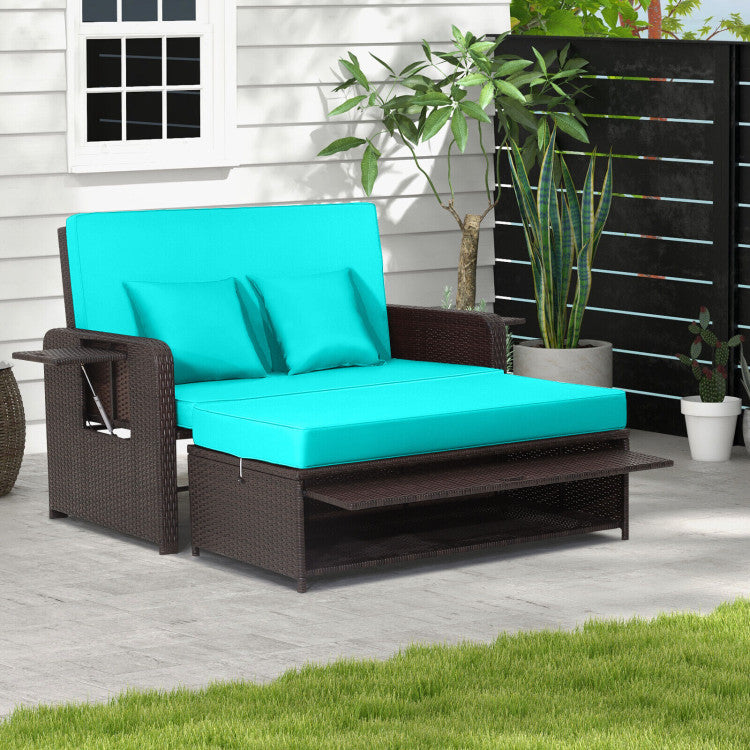 Outdoor Patio Wicker Loveseat Sofa with Multipurpose Ottoman and Retractable Side Tray