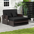 Outdoor Patio Wicker Loveseat Sofa with Multipurpose Ottoman and Retractable Side Tray