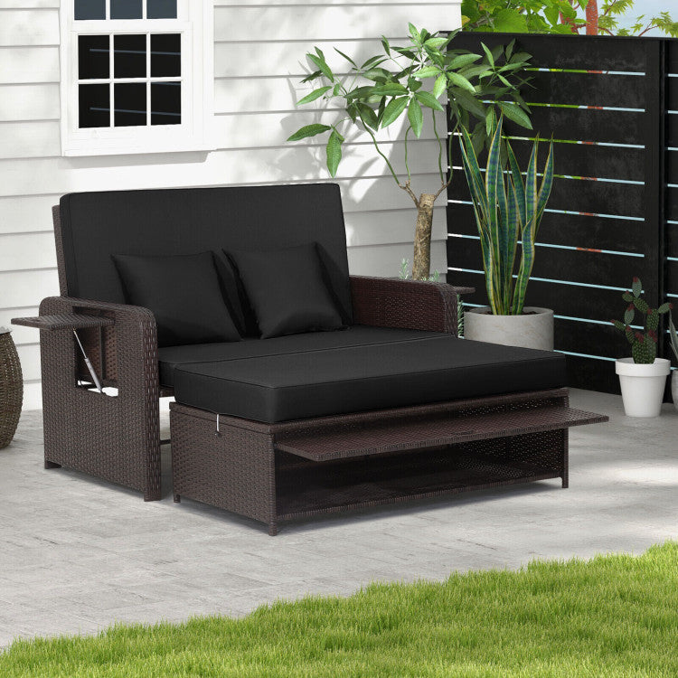 Outdoor Patio Wicker Loveseat Sofa with Multipurpose Ottoman and Retractable Side Tray