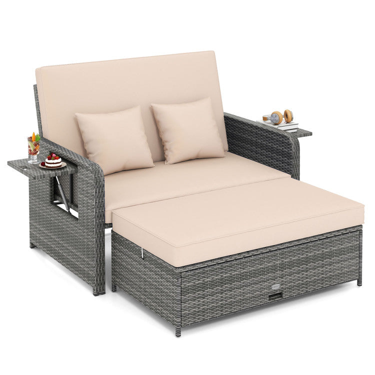 Outdoor Patio Wicker Loveseat Sofa with Multipurpose Ottoman and Retractable Side Tray