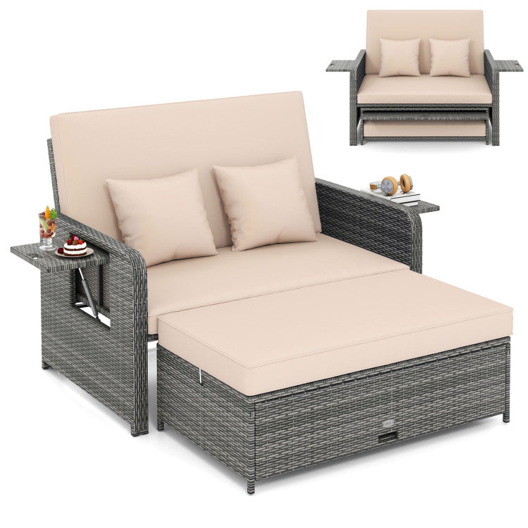 Outdoor Patio Wicker Loveseat Sofa with Multipurpose Ottoman and Retractable Side Tray