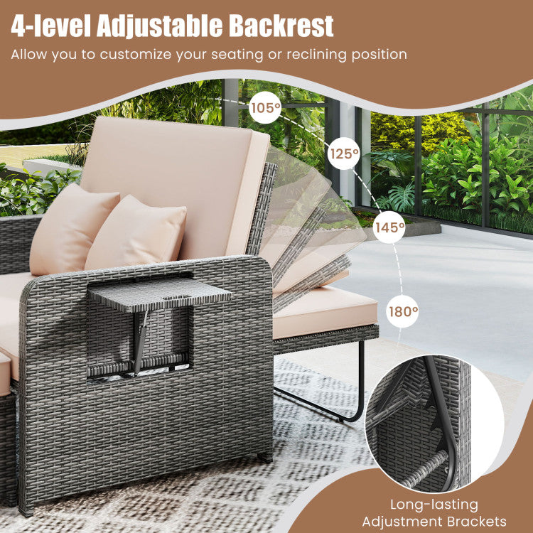 Outdoor Patio Wicker Loveseat Sofa with Multipurpose Ottoman and Retractable Side Tray