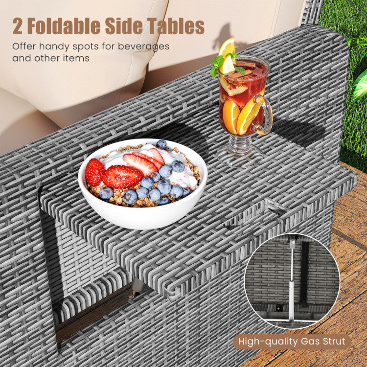 Outdoor Patio Wicker Loveseat Sofa with Multipurpose Ottoman and Retractable Side Tray