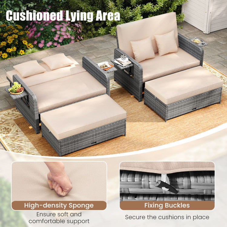 Outdoor Patio Wicker Loveseat Sofa with Multipurpose Ottoman and Retractable Side Tray