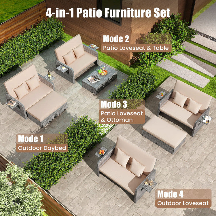 Outdoor Patio Wicker Loveseat Sofa with Multipurpose Ottoman and Retractable Side Tray