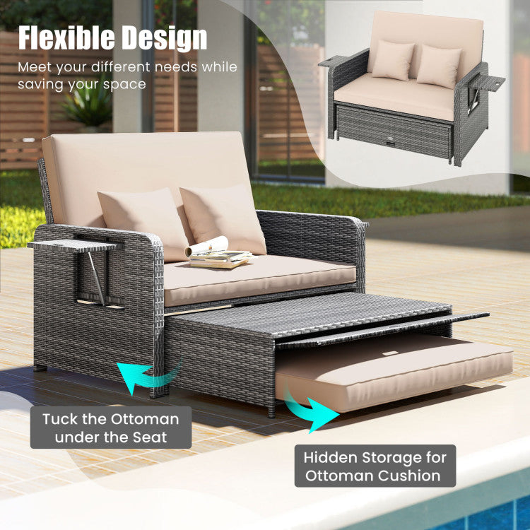 Outdoor Patio Wicker Loveseat Sofa with Multipurpose Ottoman and Retractable Side Tray