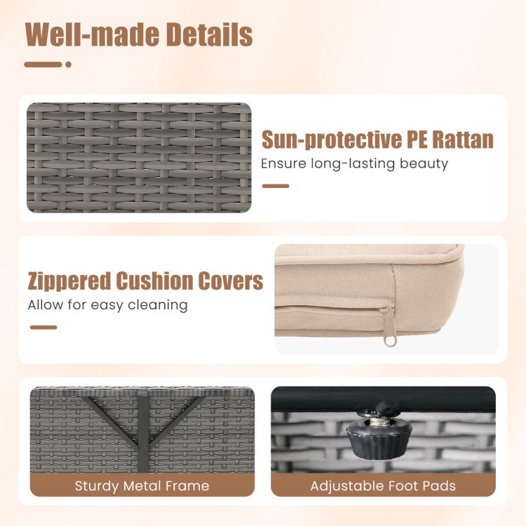Outdoor Patio Wicker Loveseat Sofa with Multipurpose Ottoman and Retractable Side Tray