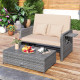 Outdoor Patio Wicker Loveseat Sofa with Multipurpose Ottoman and Retractable Side Tray