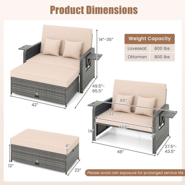 Outdoor Patio Wicker Loveseat Sofa with Multipurpose Ottoman and Retractable Side Tray