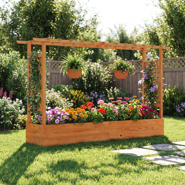 Outdoor Raised Garden Bed Planter Box with Lattice Trellis Drainage Holes