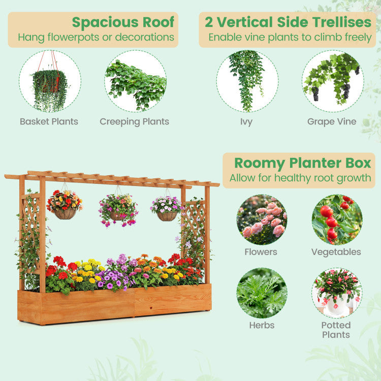 Outdoor Raised Garden Bed Planter Box with Lattice Trellis Drainage Holes