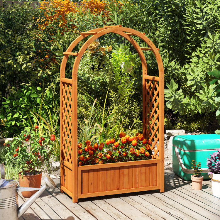 Outdoor Raised Garden Bed with Lattice Trellis Ached Roof Wooden Elevated Planter Box