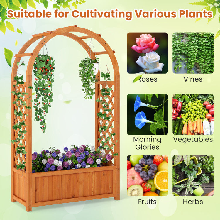 Outdoor Raised Garden Bed with Lattice Trellis Ached Roof Wooden Elevated Planter Box