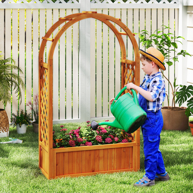 Outdoor Raised Garden Bed with Lattice Trellis Ached Roof Wooden Elevated Planter Box